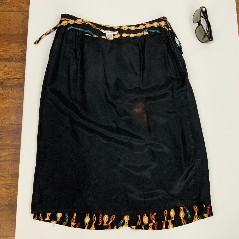 Hana Sung Midi Pleated Silk Skirt Chain Jewel Print Sz 12-10 - Picture 15 of 16